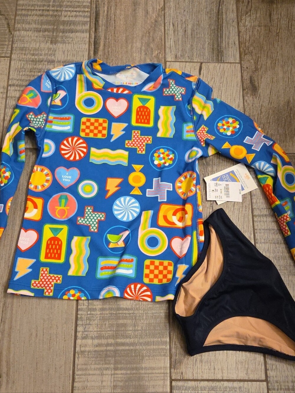 NWT CreWCUTS Blue Long-Sleeve Rash Guard Swim Set with Colorful Geometric Print